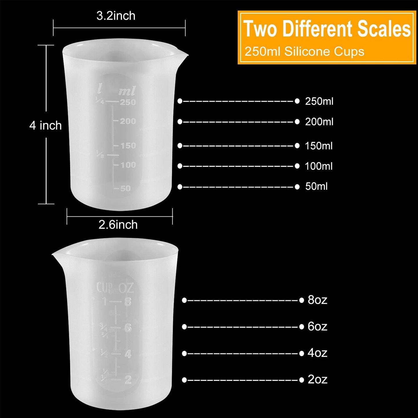 250 Ml Silicone Measuring Cups for Resin Non-Stick Mixing Cups Glue Tools, Precise Scale for for Resin DIY Craft Jewelry Making, 6 PCS