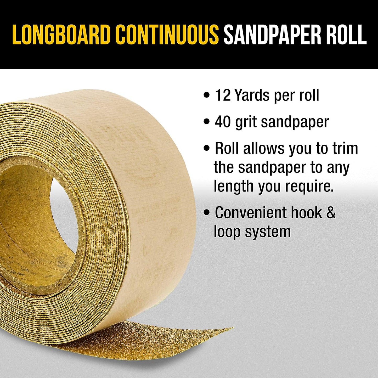 Premium - 40 Grit Gold - Hook & Loop Backing Longboard Continuous Sandpaper Roll, 2-3/4" Wide, 12 Yards Long - for Automotive & Woodworking Air File Long Board Sanders, Hand Sanding Blocks