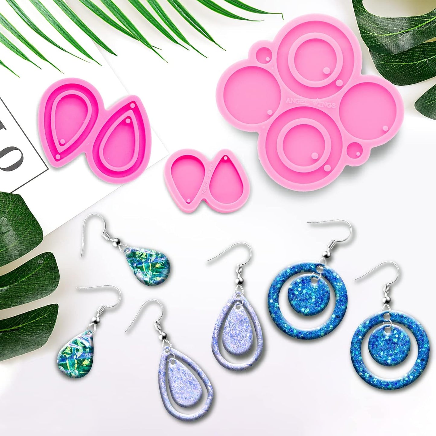 103Pcs Resin Molds Silicone Kit, 3Pcs Earring Silicone Molds for Resin Jewelry Epoxy Casting Molds, Earring Hooks and Jump Ring for DIY Unique Earring Epoxy Resin Molds, Jewellery Earring Molds