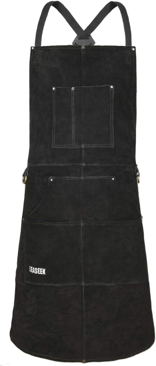 Leather Welding Apron,Heat & Flame-Resistant Heavy Duty Work Apron with 6 Pockets,Woodworking Shop Apron
