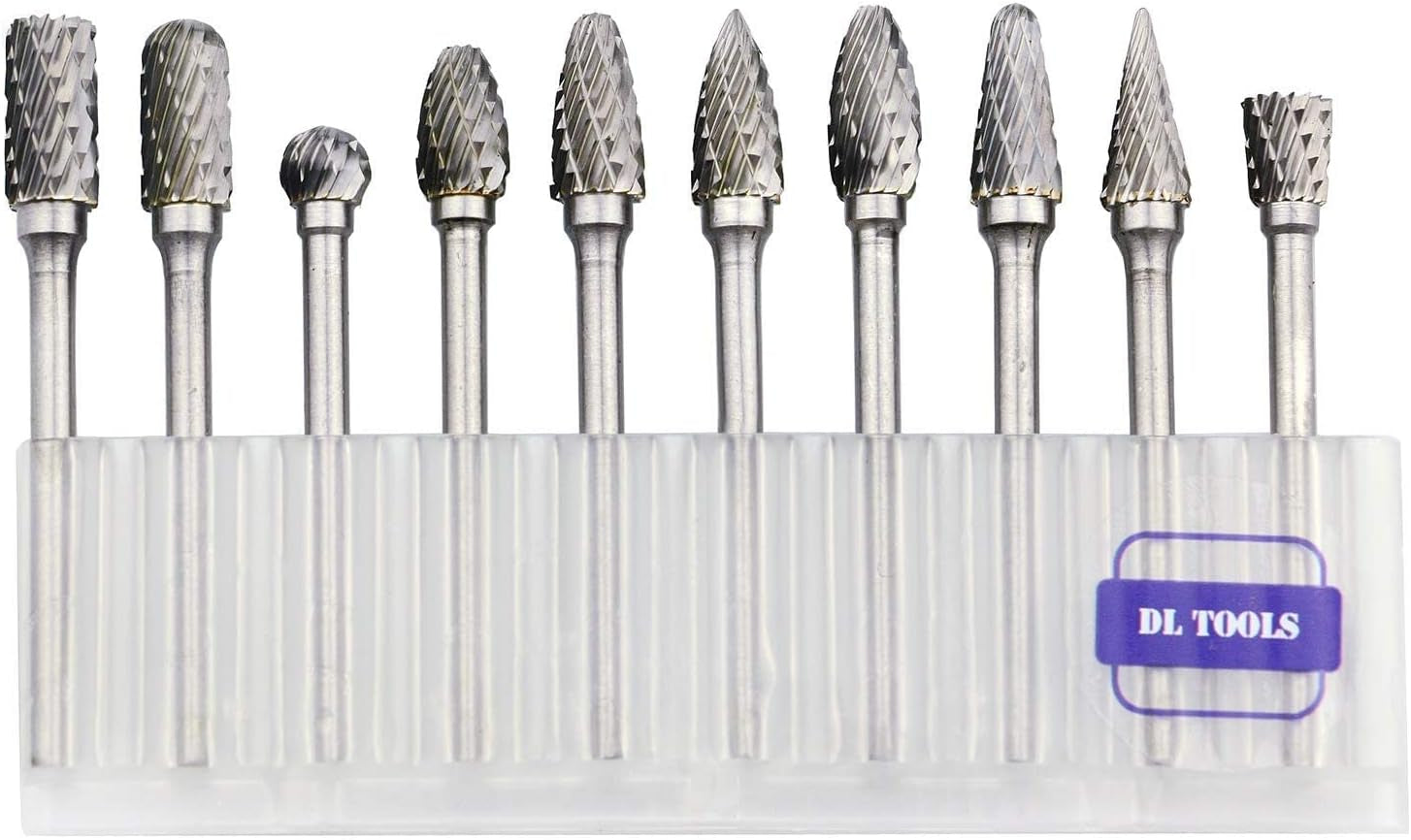 Dltools 10Pcs Double Cut Tungsten Carbide Rotary Burr Set, Metal Carving Drilling Polishing Bits with 1/8"(3.175Mm) Shank and 1/4"(6.35Mm) Head Dia for Die Grinder