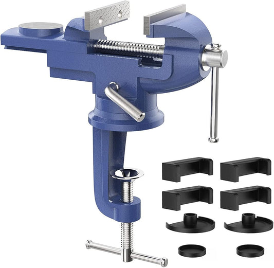 Universal Table Vise 3 Inch, 360°Swivel Base Bench Clamp Home Vise Clamp-On Vise Repair Tool Portable Work Bench Vise for Woodworking, Cutting Conduit, Drilling, Metalworking - Blue