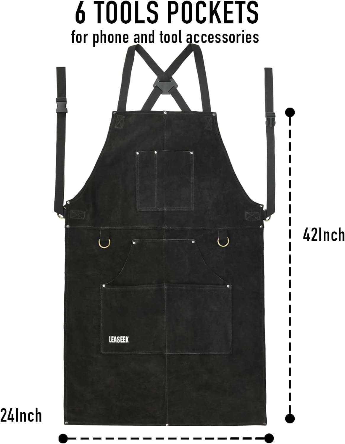 Leather Welding Apron,Heat & Flame-Resistant Heavy Duty Work Apron with 6 Pockets,Woodworking Shop Apron