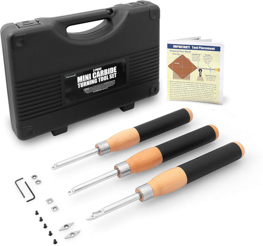 3 Piece Carbide Mini Turning Tool Set with Foam Lined Case Perfect for Turning Pens Pencils Tops Goblets Acorns Bottle Stoppers or Any Small to Mid-Size Turning Project (3Pc)